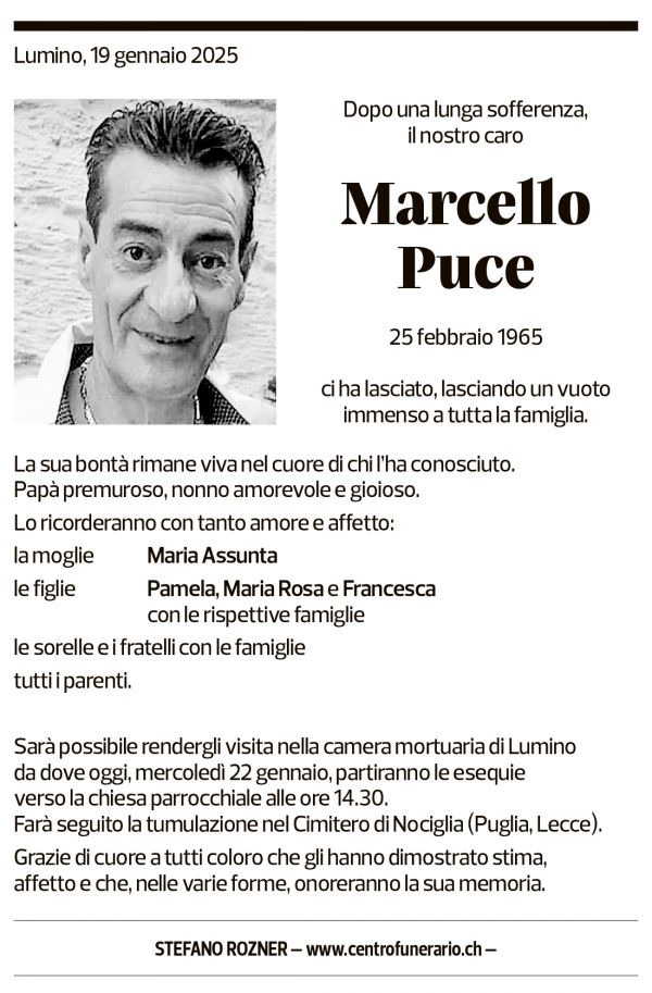 Annuncio funebre Marcello Puce