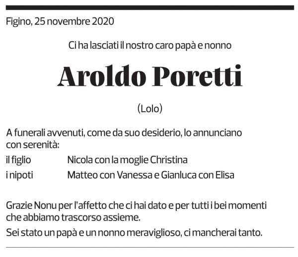 Annuncio funebre Aroldo Poretti