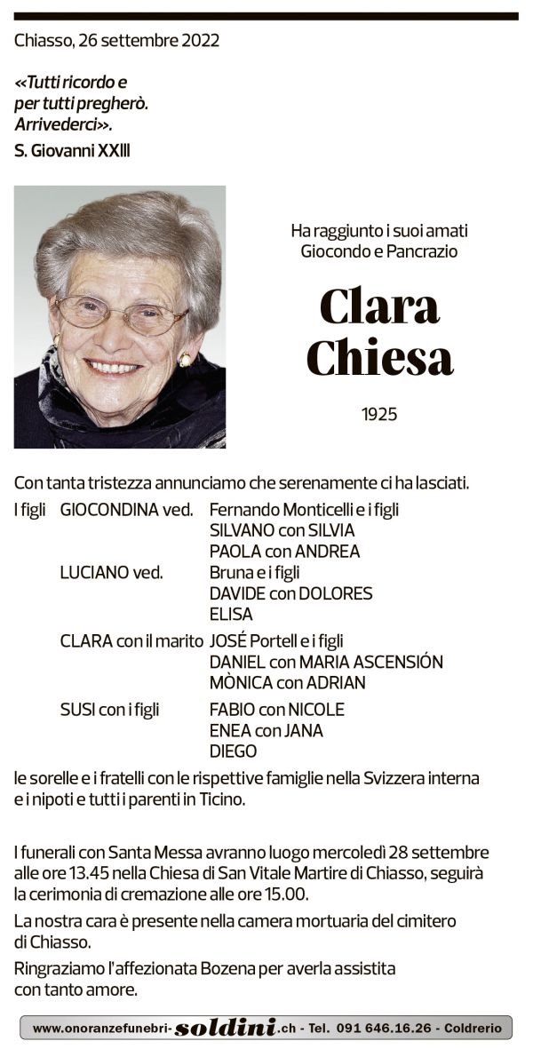 Annuncio funebre Clara Chiesa