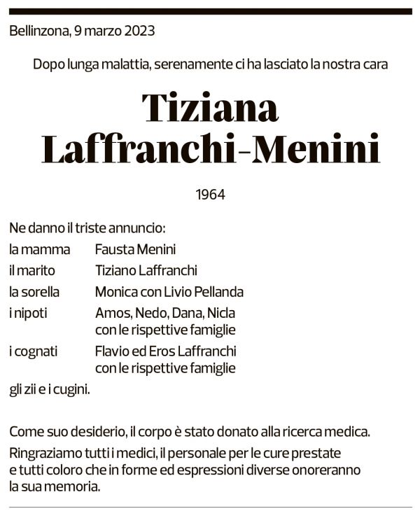 Annuncio funebre Tiziana Laffranchi-menini