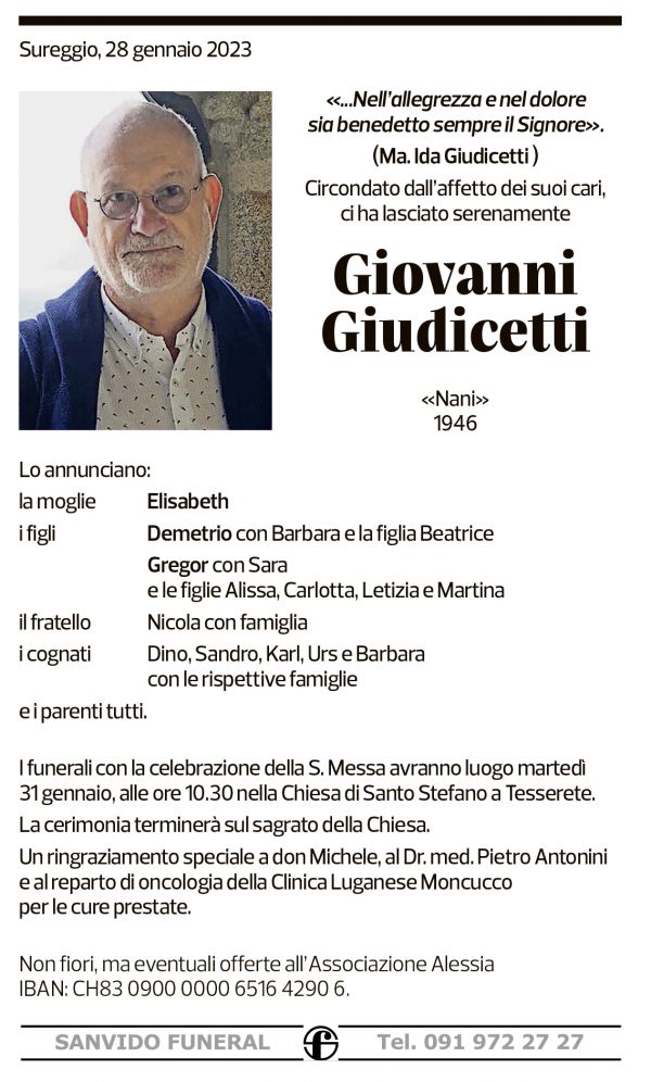 Annuncio funebre Giovanni Giudicetti