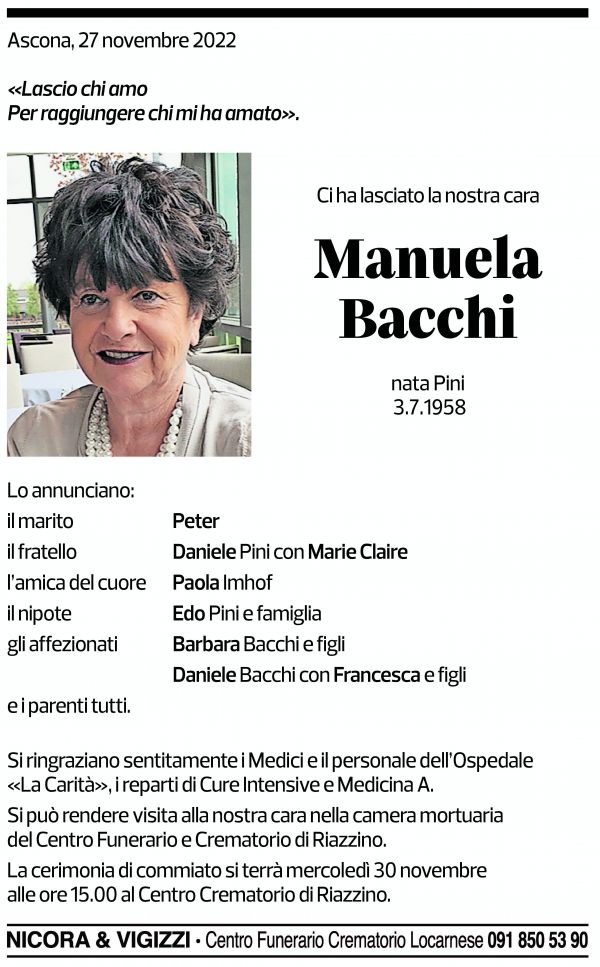 Annuncio funebre Manuela Bacchi