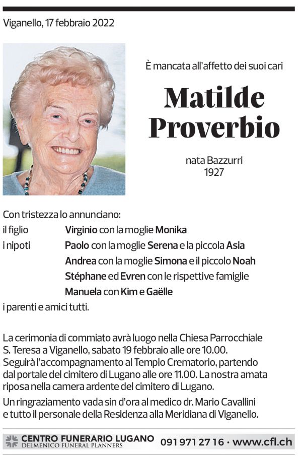 Annuncio funebre Matilde Proverbio