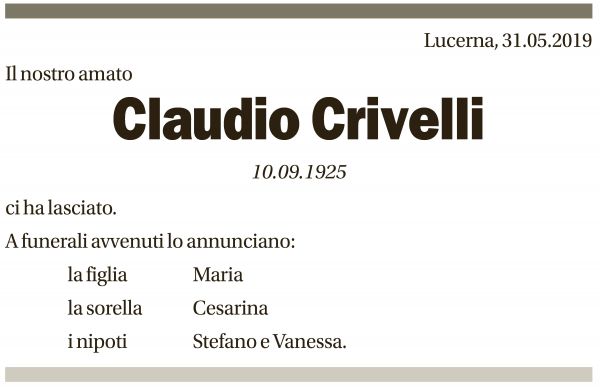 Annuncio funebre Claudio Crivelli