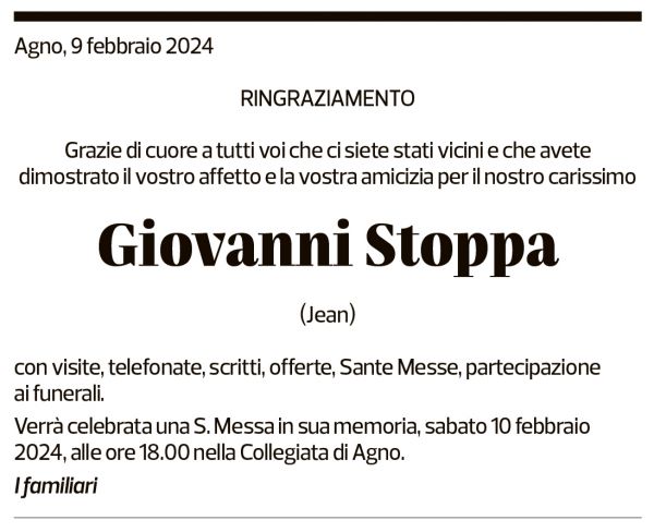 Annuncio funebre Giovanni Stoppa