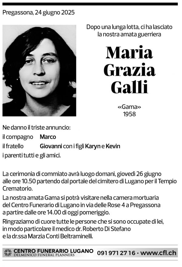 Annuncio funebre Maria Grazia Galli