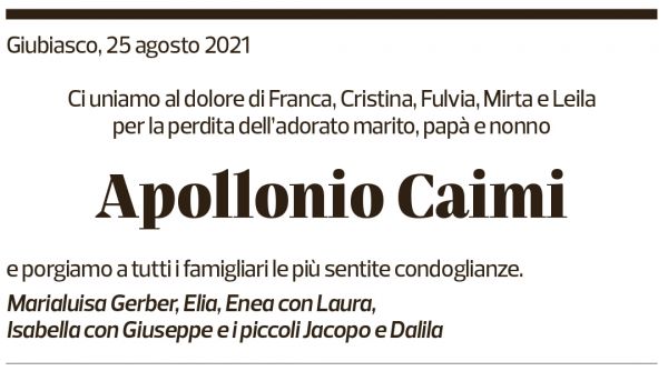 Annuncio funebre Apollonio Caimi