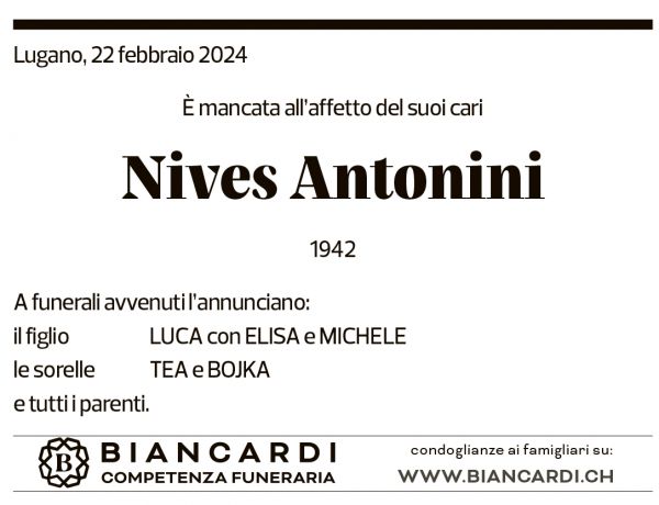 Annuncio funebre Nives Antonini