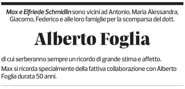 Annuncio funebre Alberto Foglia