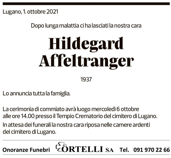 Annuncio funebre Hildegard Affeltranger