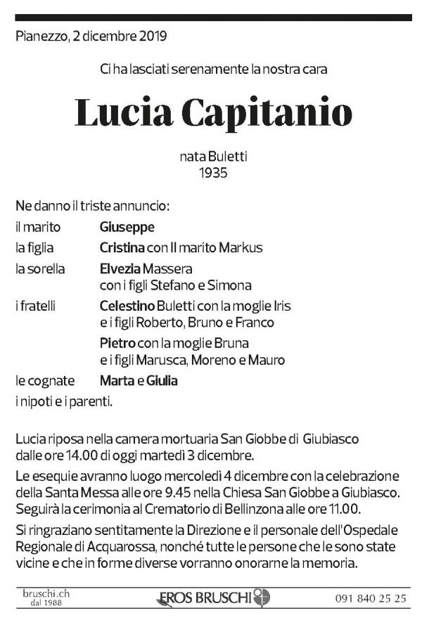 Annuncio funebre Lucia Capitanio