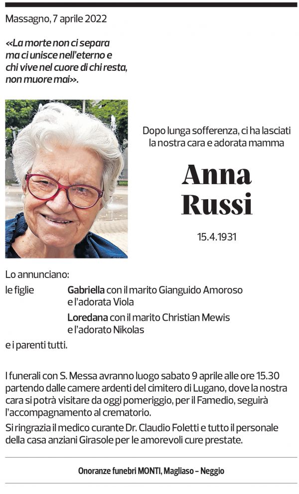 Annuncio funebre Anna Russi