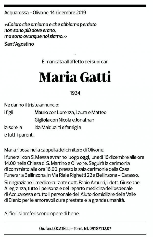 Annuncio funebre Maria Gatti