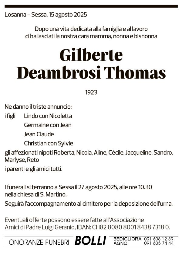 Annuncio funebre Gilberte Deambrosi Thomas