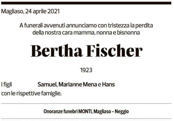 Annuncio funebre Bertha Fischer