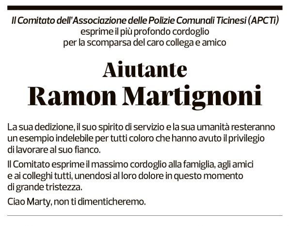 Annuncio funebre Ramon Martignoni