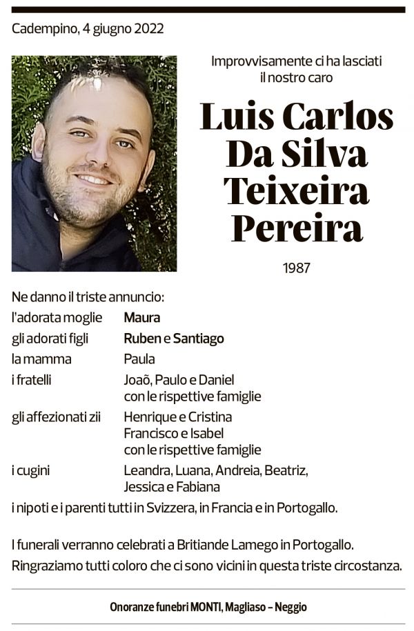 Annuncio funebre Luis Carlos Da Silva Texeira Pereira