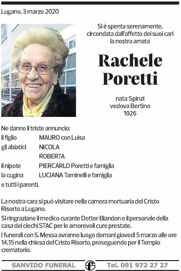 Annuncio funebre Rachele Poretti
