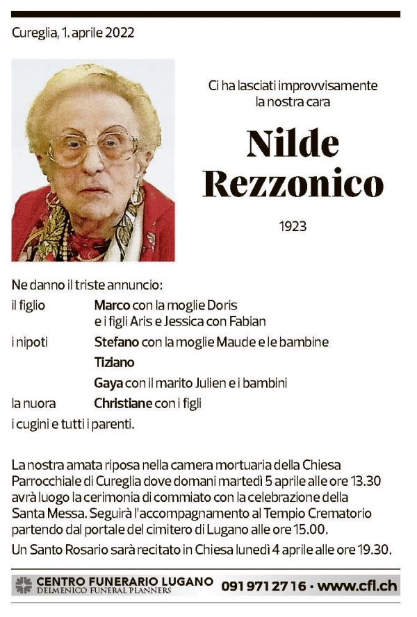 Annuncio funebre Nilde Rezzonico