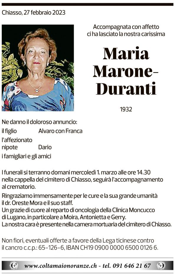 Annuncio funebre Maria Marone-duranti