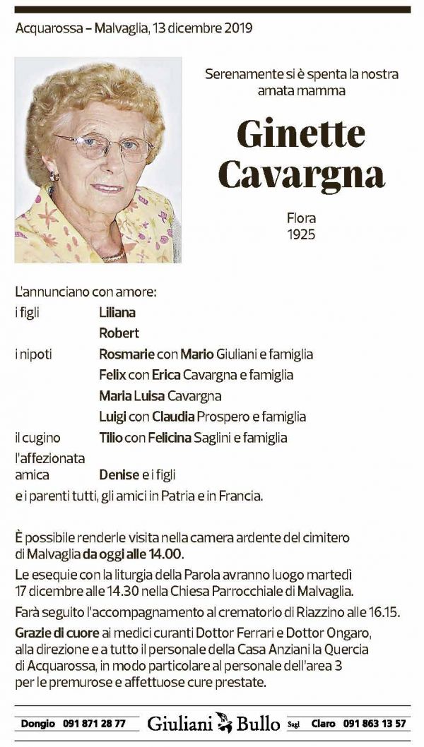 Annuncio funebre Ginette Cavargna