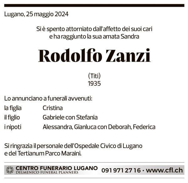 Annuncio funebre Rodolfo Zanzi