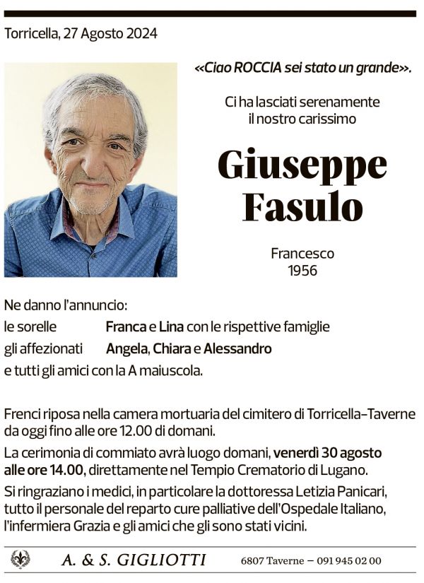 Annuncio funebre Giuseppe Fasulo