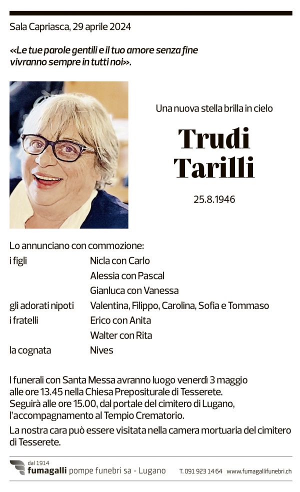 Annuncio funebre Trudi Tarilli