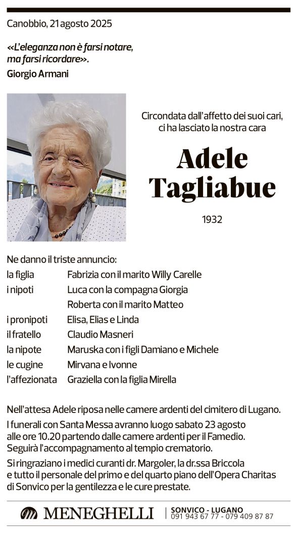 Annuncio funebre Adele Tagliabue