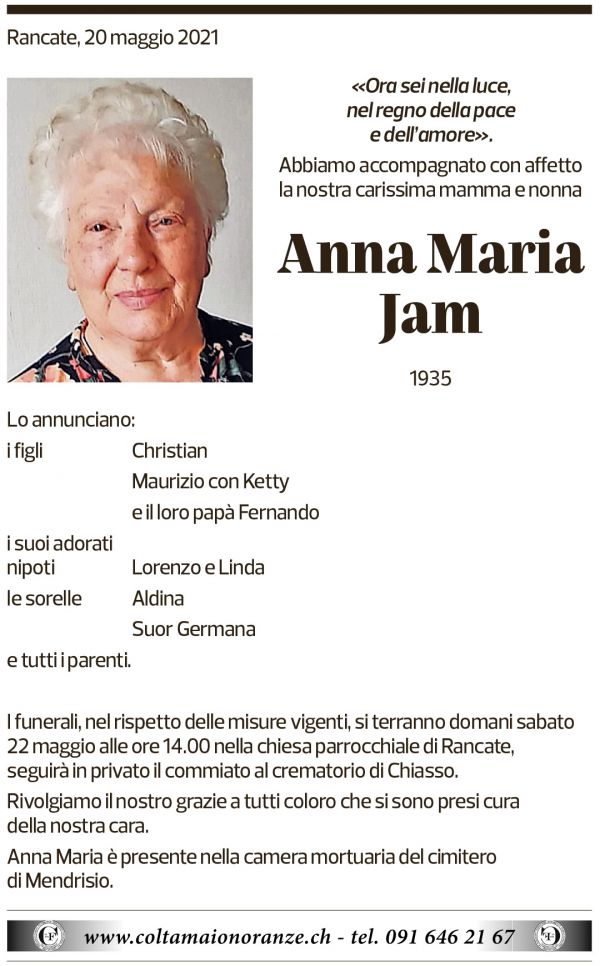 Annuncio funebre Anna Maria Jam