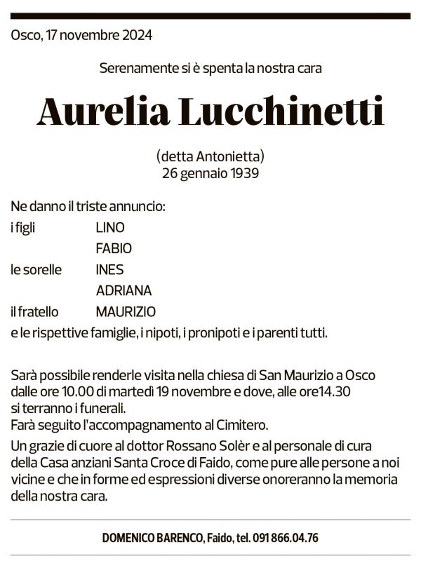 Annuncio funebre Aurelia Lucchinetti