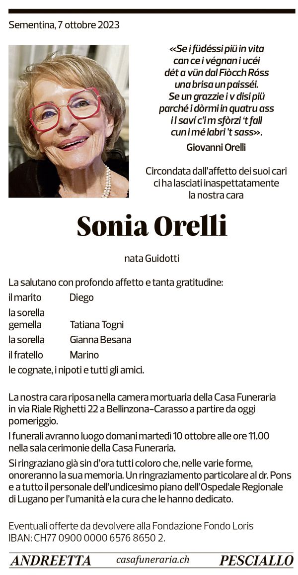 Annuncio funebre Sonia Orelli