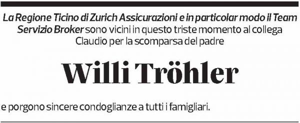 Annuncio funebre Willi Tröhler