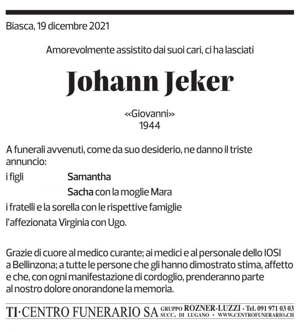 Annuncio funebre Johann Jeker