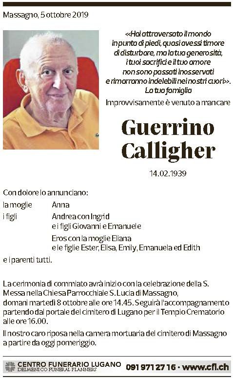 Annuncio funebre Guerrino Calligher