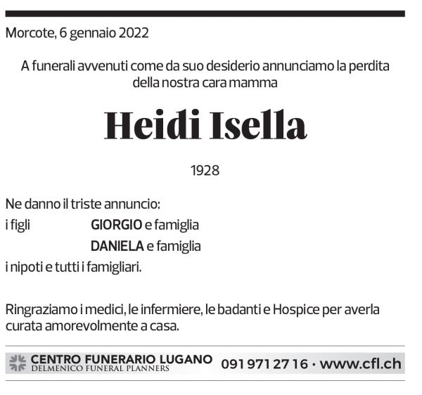 Annuncio funebre Heidi Isella