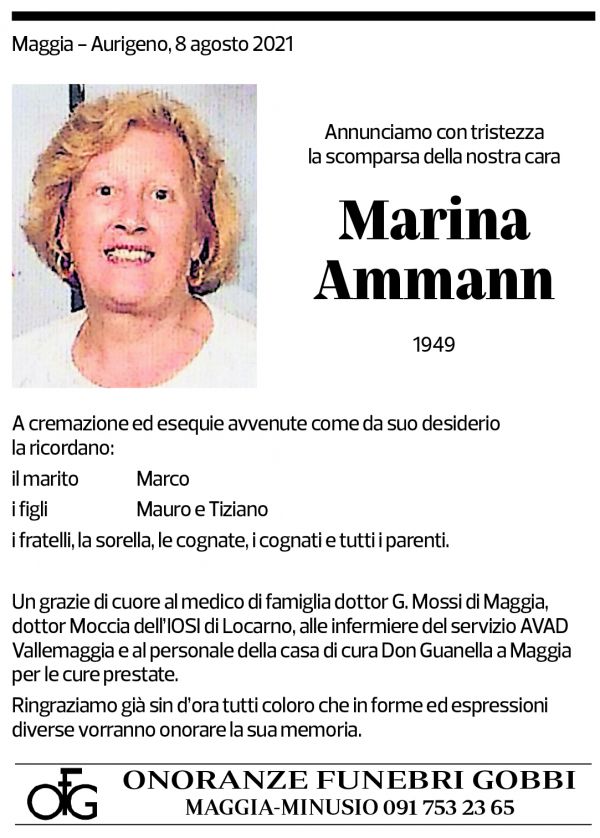 Annuncio funebre Marina Amman