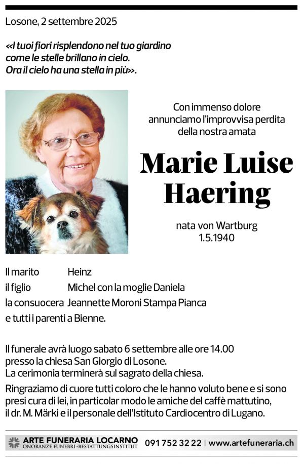 Annuncio funebre Marie Luise Haering