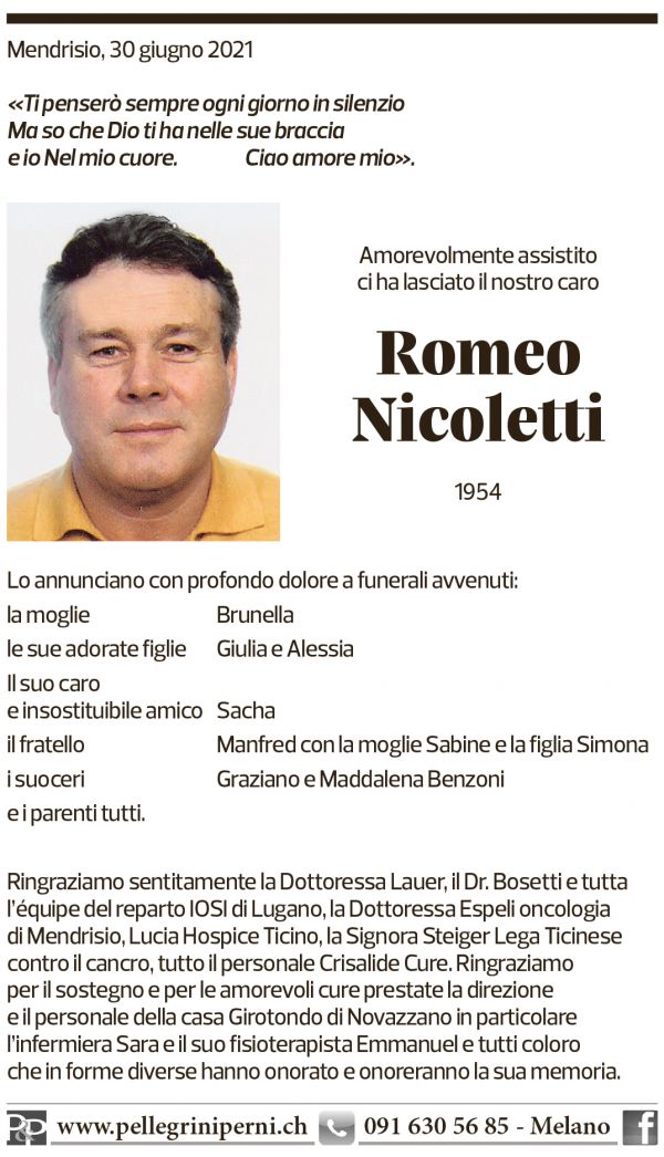 Annuncio funebre Romeo Nicoletti