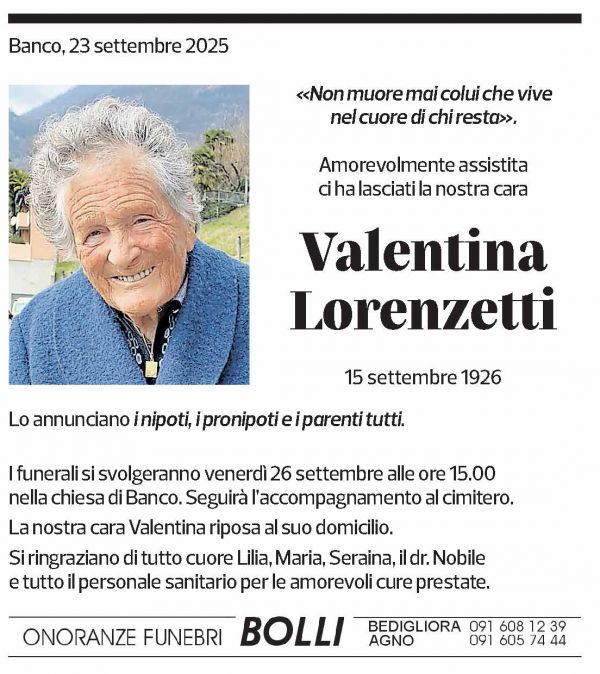 Annuncio funebre Valentina Lorenzetti