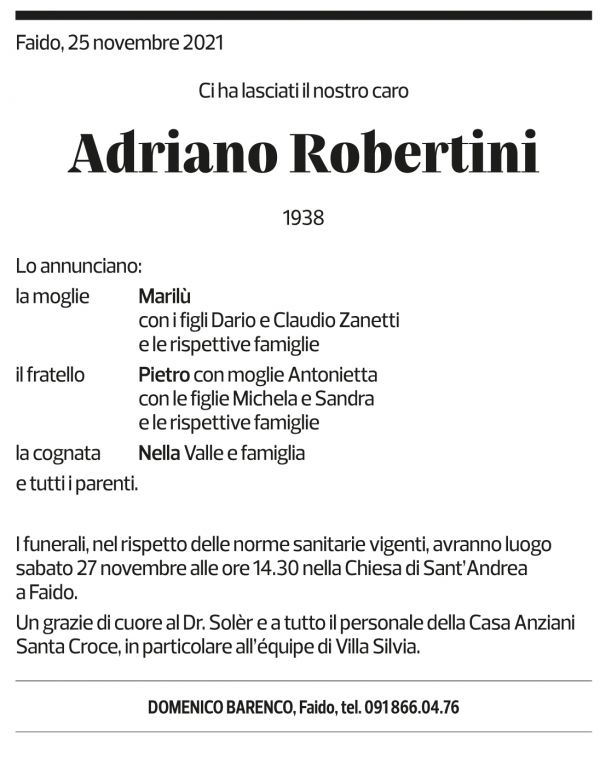 Annuncio funebre Adriano Robertini