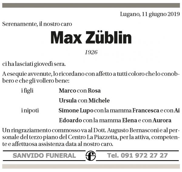 Annuncio funebre Max Züblin