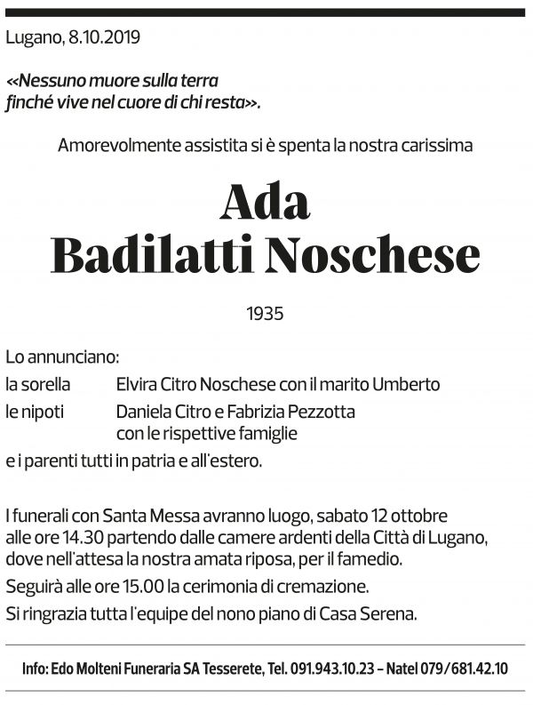 Annuncio funebre Ada Badilatti Noschese