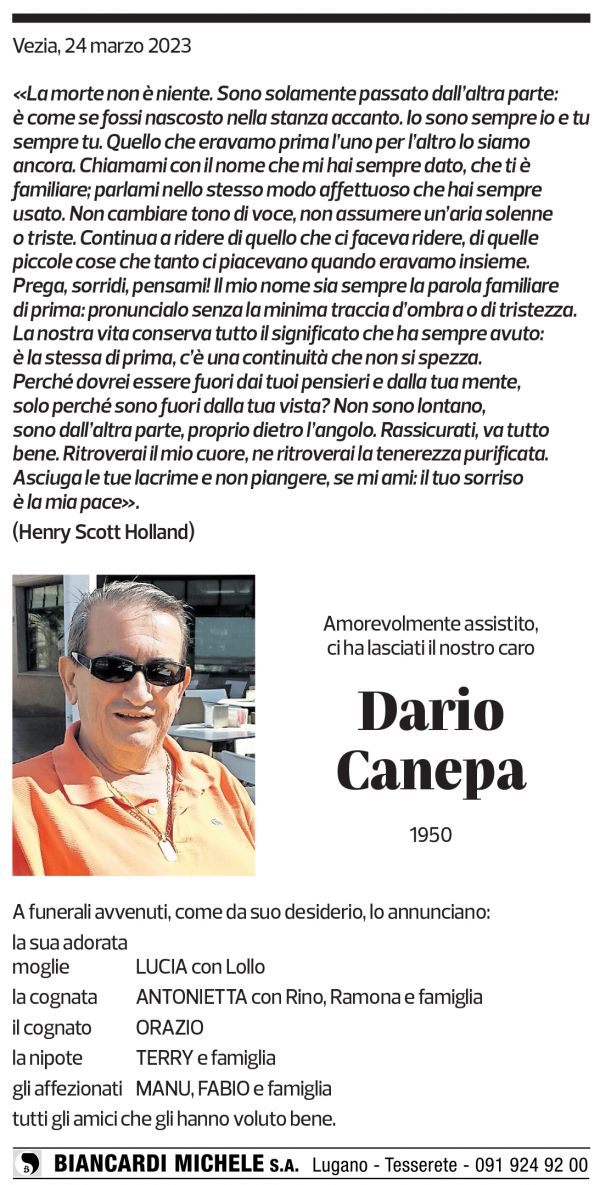 Annuncio funebre Dario Canepa