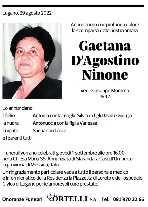 Annuncio funebre Gaetana D'agostino Ninone