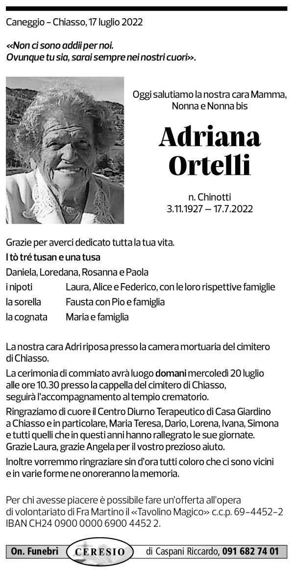 Annuncio funebre Adriana Ortelli