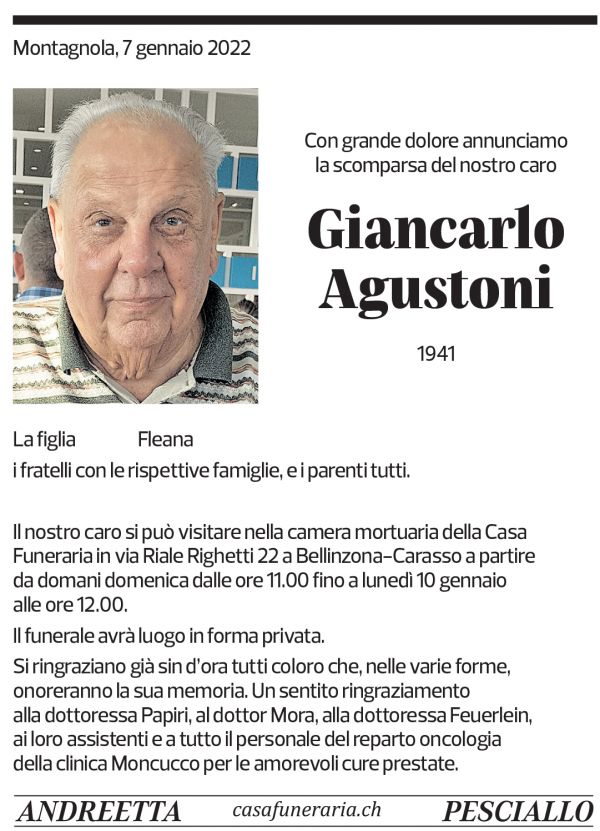 Annuncio funebre Giancarlo Agustoni