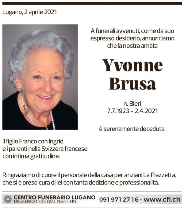 Annuncio funebre Yvonne Brusa