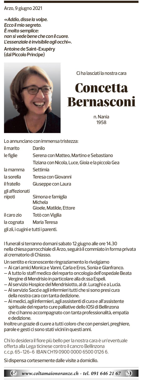 Annuncio funebre Concetta Bernasconi