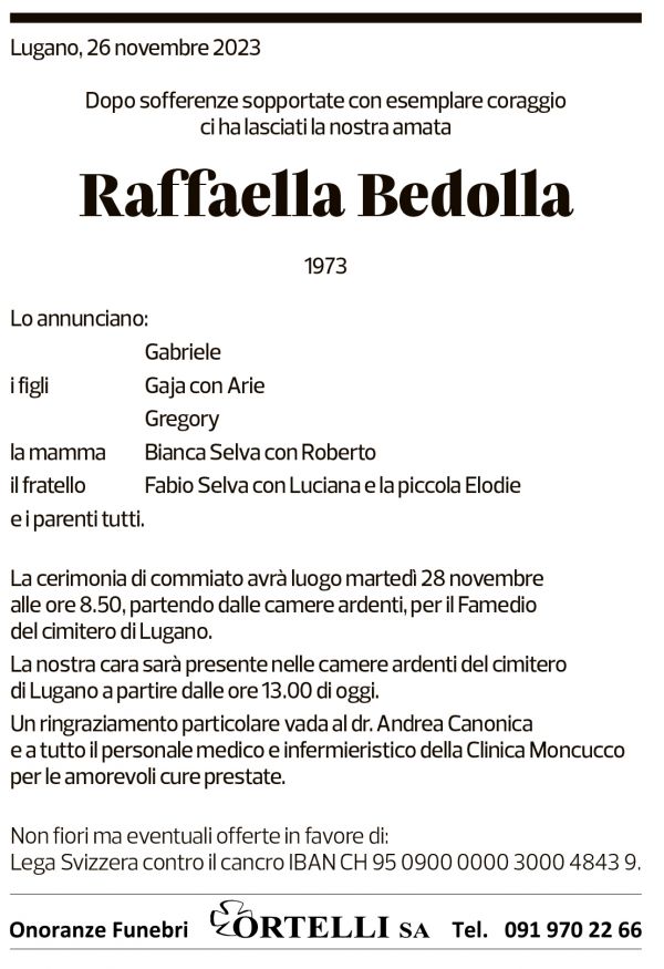 Annuncio funebre Raffaella Bedolla